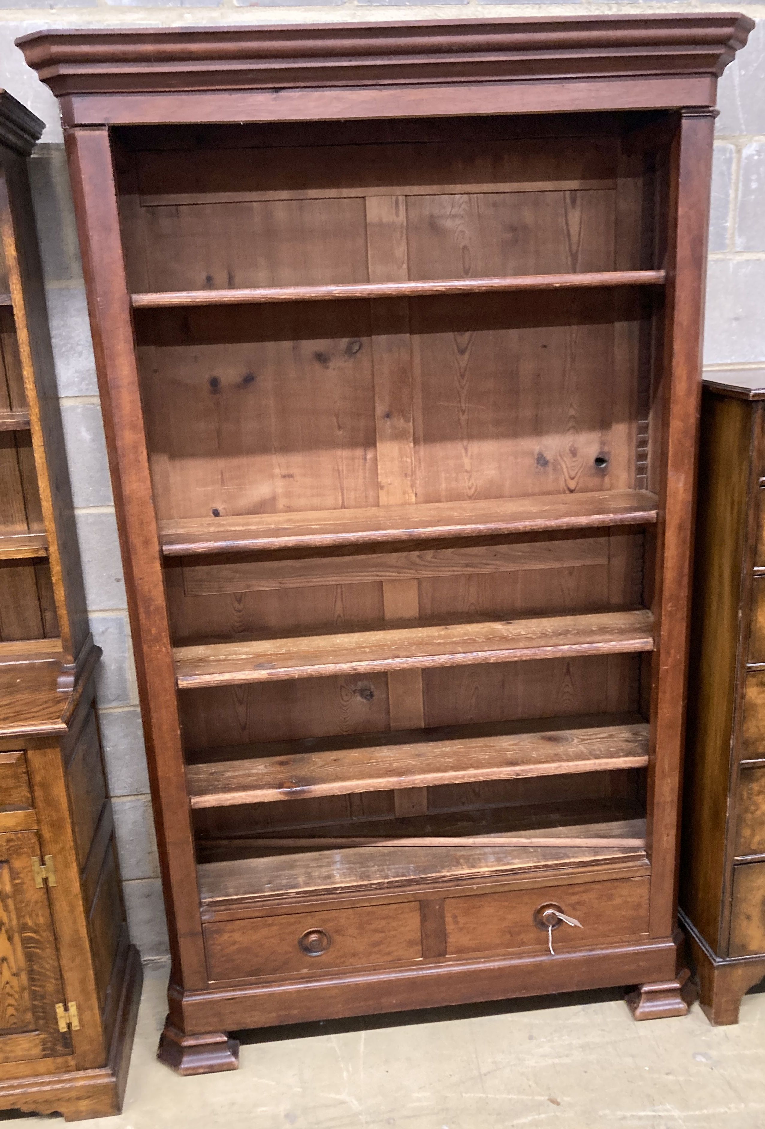 A 19th century French mahogany open bookcase, length 120cm, depth 38cm, height 196cm